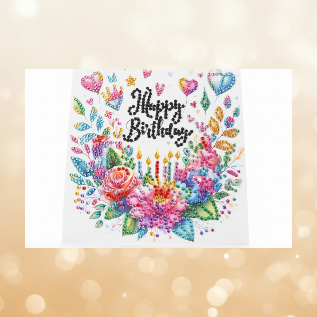 Hearts Sparkle with Flowers Luxury Diamond Art Card Happy Birthday
