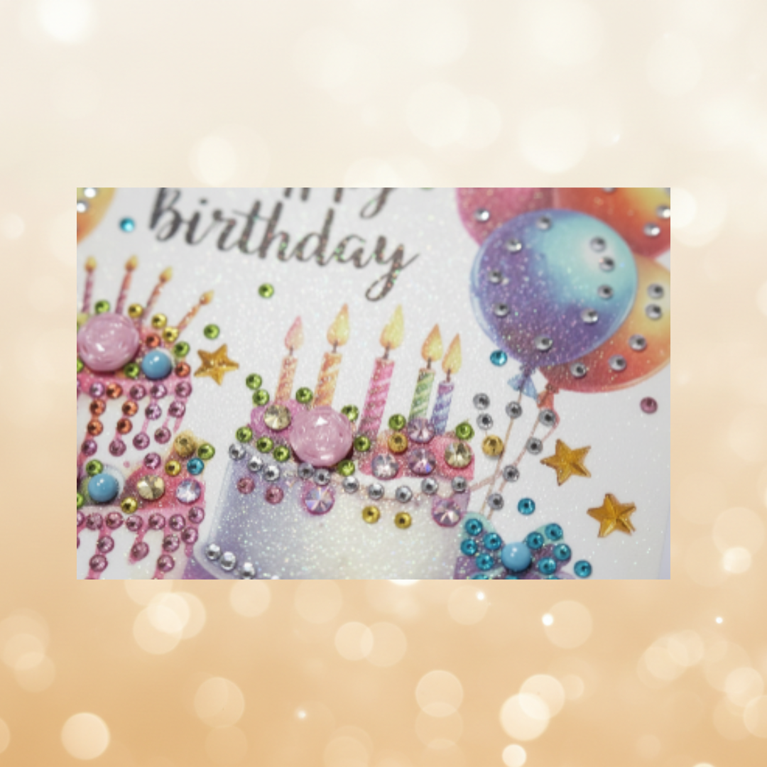Happy Birthday Cakes & Balloons Handmade Completed 5D Sparkle Diamond Art Card