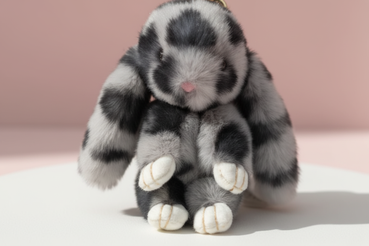 Fluffy Grey Leopard Print Bunny Rabbit Key Ring & Bag Charm