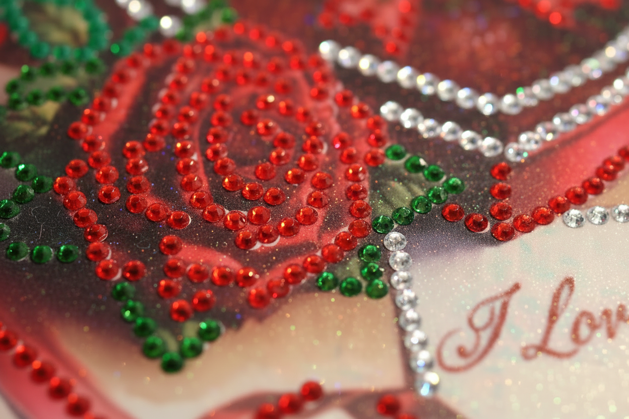 Heart Shaped Box with a red rose and an "I Love You" Tag Diamond Art Card