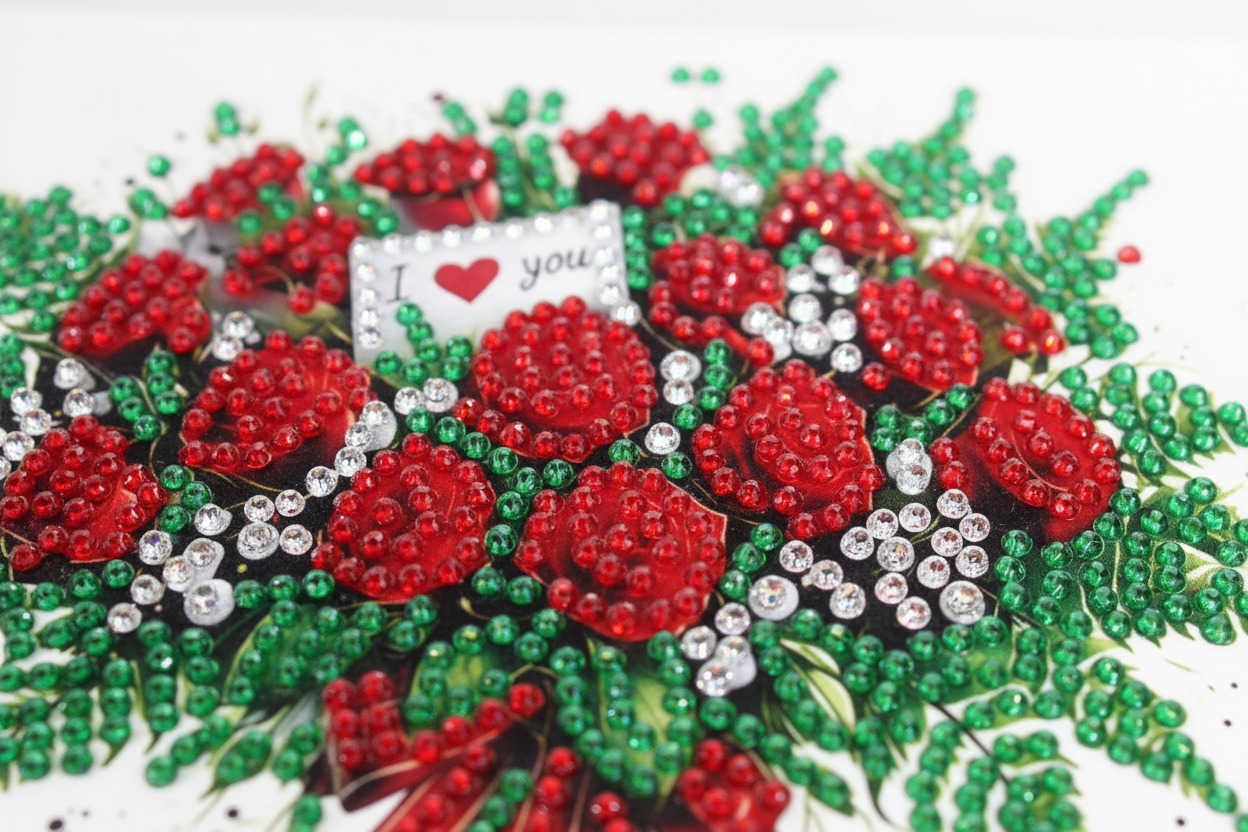 Bouquet of Deep Red Roses with Note Diamond Art Card