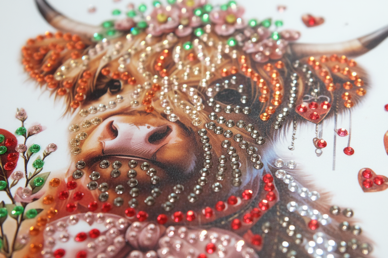 Highland Cow with a Pink Bow and a Red Heart Diamond Art Card