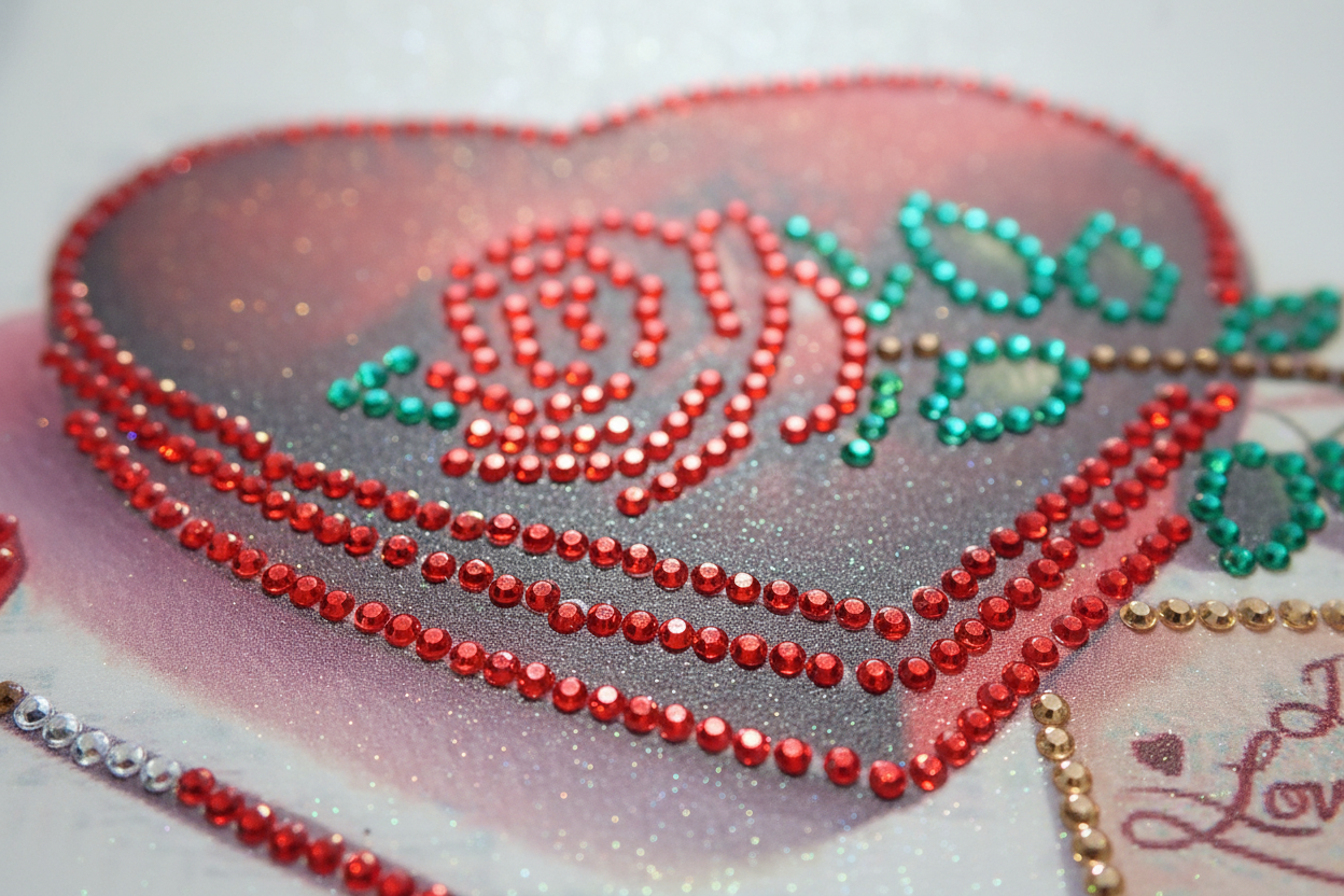 Bright Red Heart Shaped Box with a Red Rose Diamond Art Card