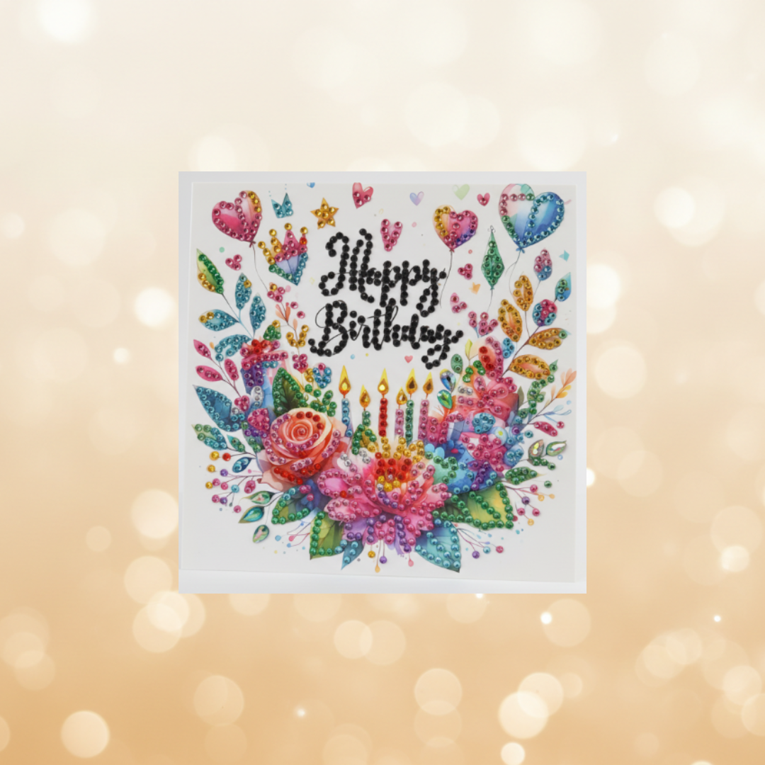 Hearts Sparkle with Flowers Luxury Diamond Art Card Happy Birthday
