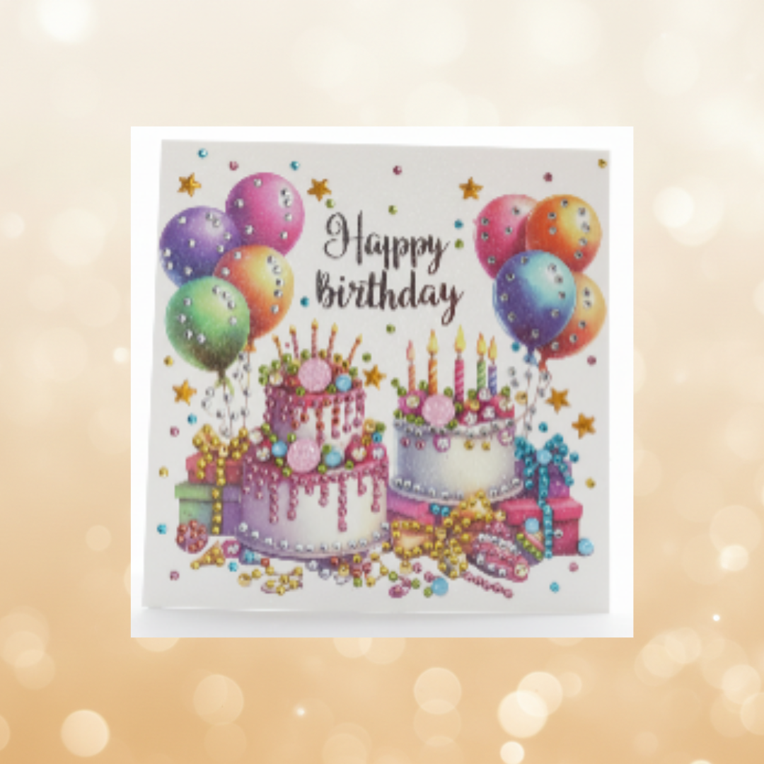 Happy Birthday Cakes & Balloons Handmade Completed 5D Sparkle Diamond Art Card