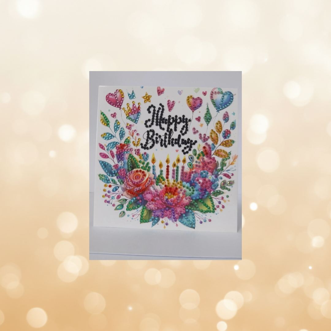 Hearts Sparkle with Flowers Luxury Diamond Art Card Happy Birthday