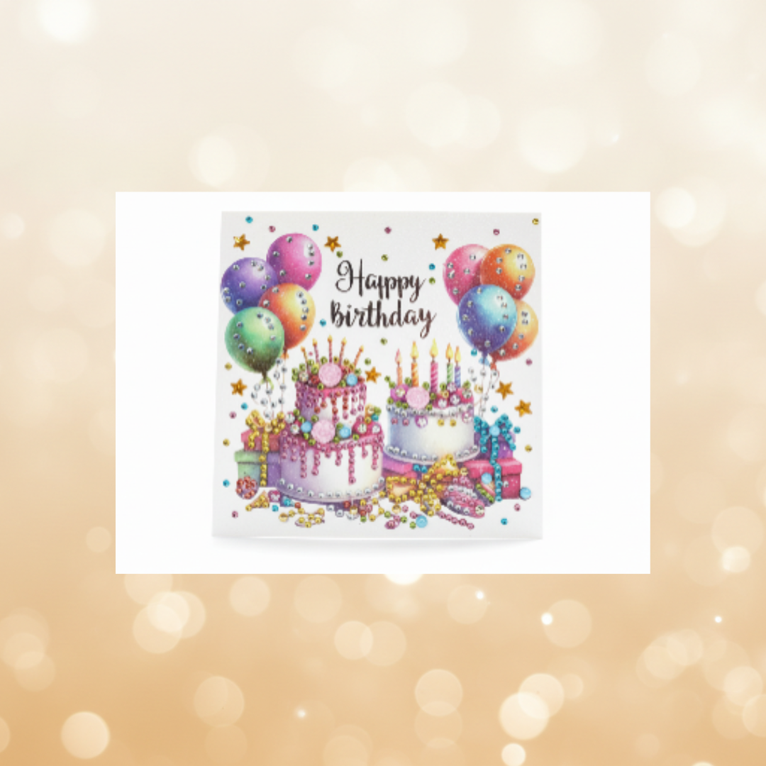 Happy Birthday Cakes & Balloons Handmade Completed 5D Sparkle Diamond Art Card