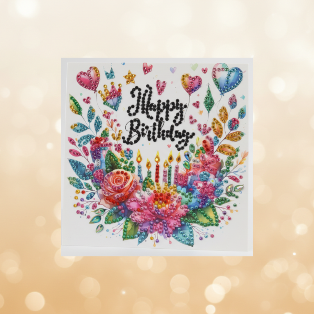 Hearts Sparkle with Flowers Luxury Diamond Art Card Happy Birthday