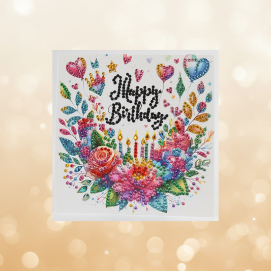 Hearts Sparkle with Flowers Luxury Diamond Art Card Happy Birthday