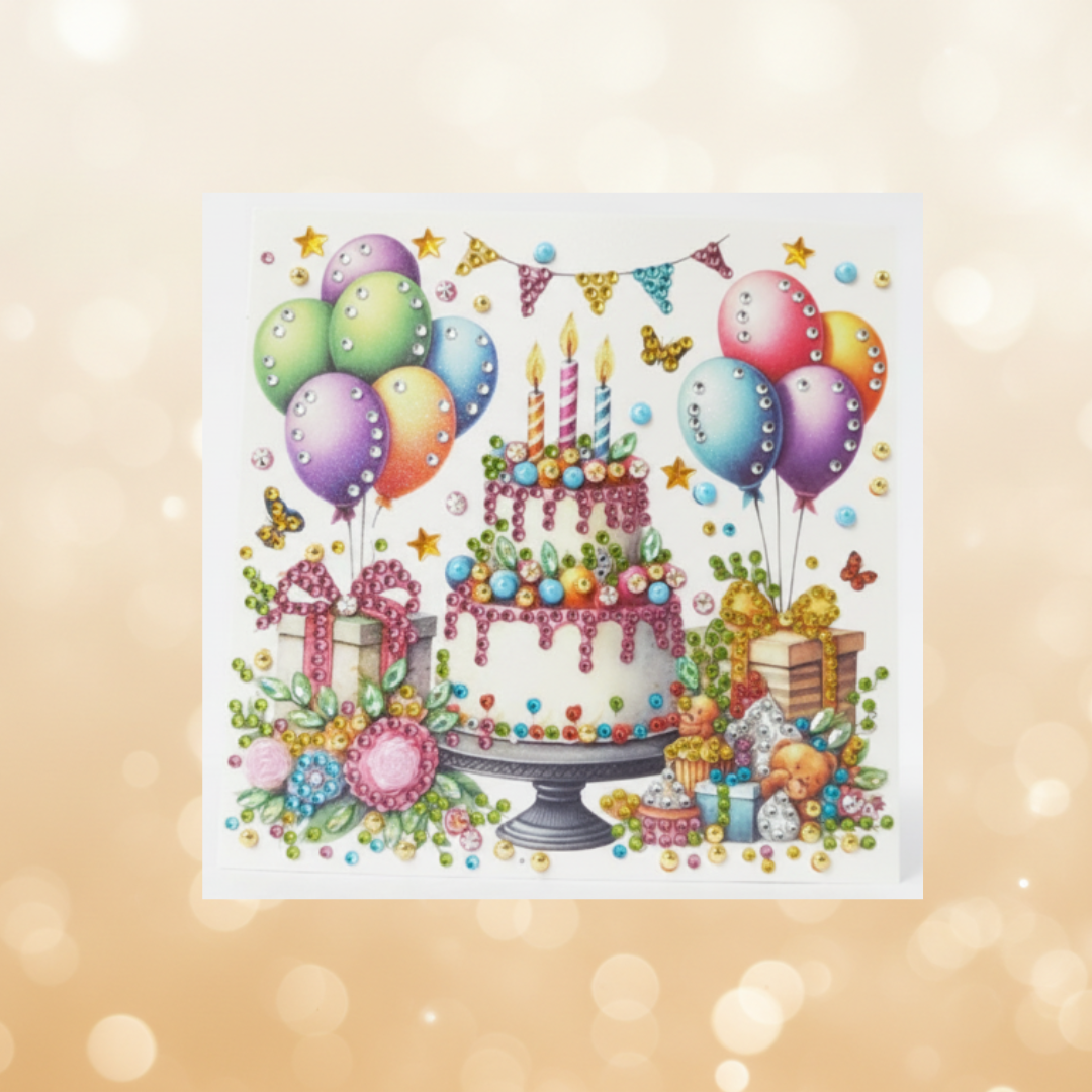 Happy Birthday 2 Tier Cake Handmade Completed 5D Luxury Sparkle Diamond Art Card