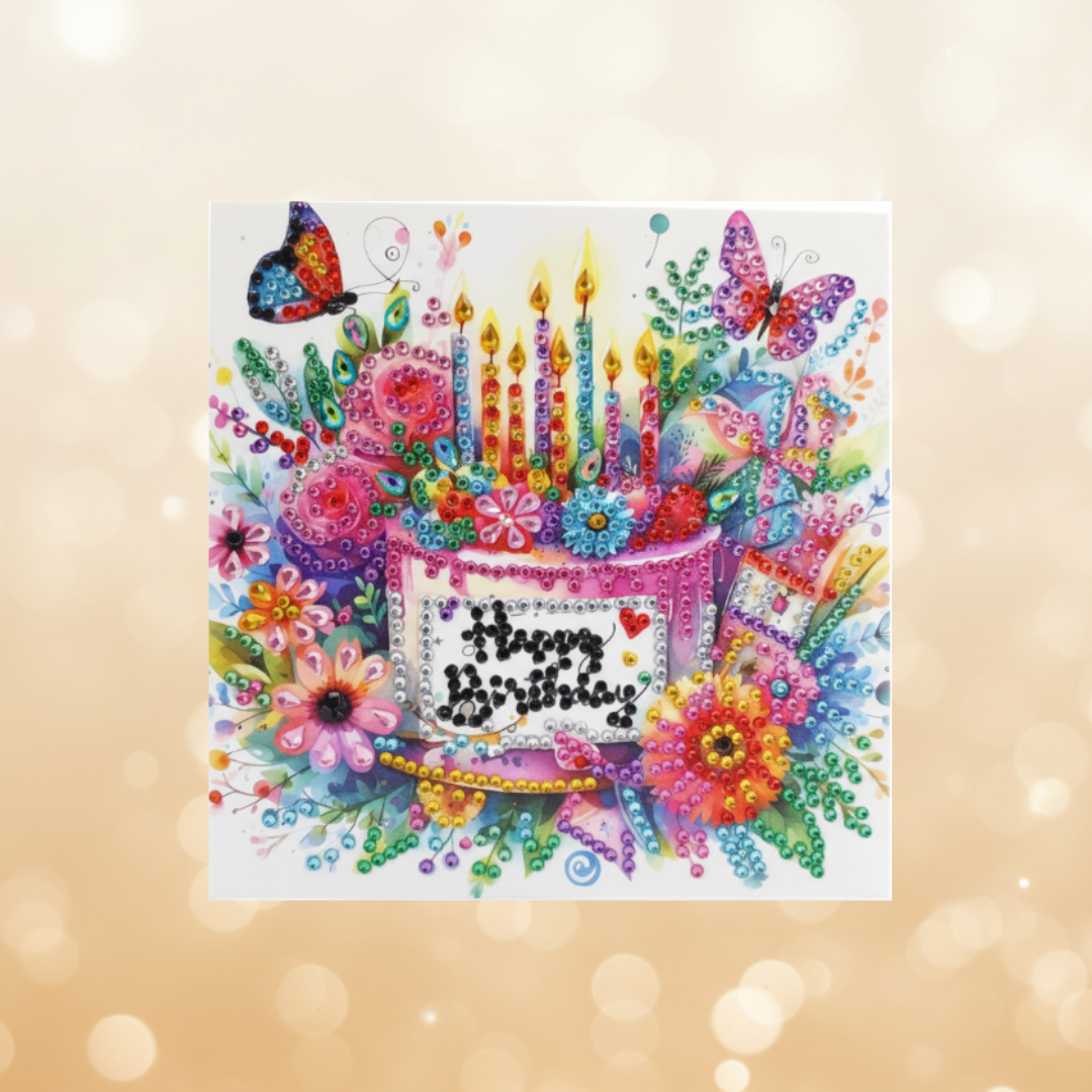 Happy Birthday Butterfly Cake Handmade Completed 5D Sparkle Diamond Art Card