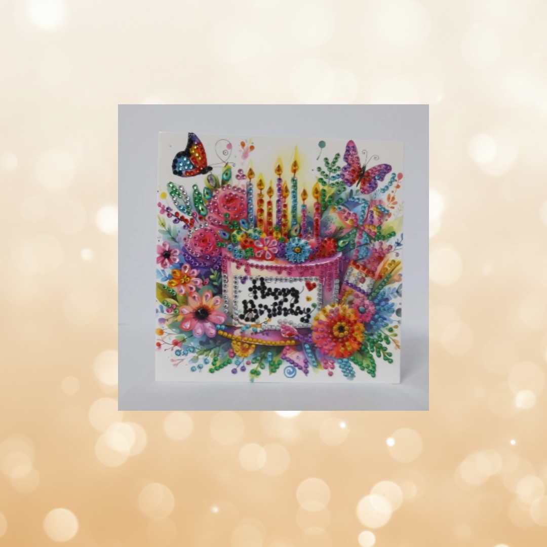 Happy Birthday Butterfly Cake Handmade Completed 5D Sparkle Diamond Art Card
