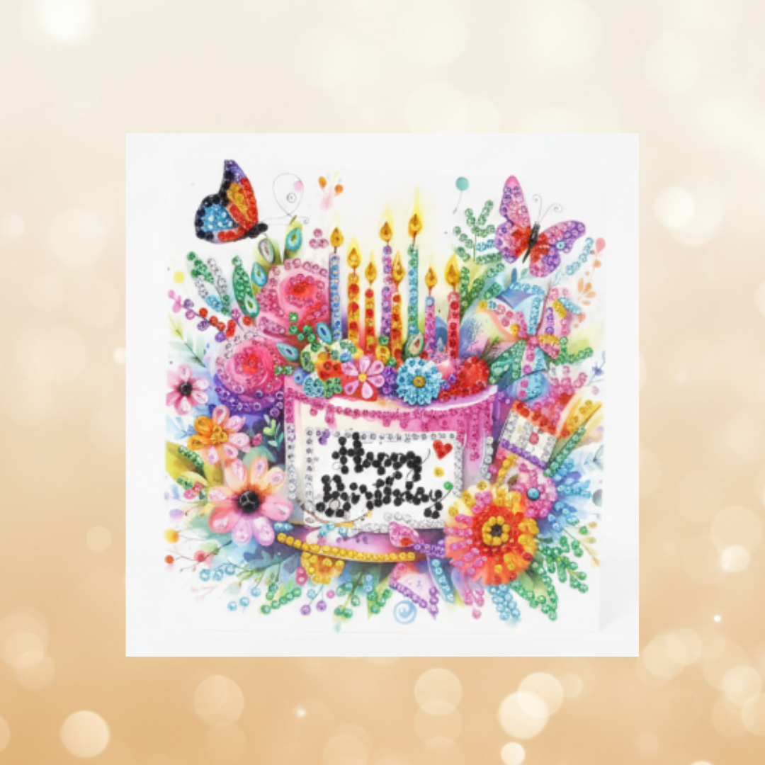 Happy Birthday Butterfly Cake Handmade Completed 5D Sparkle Diamond Art Card