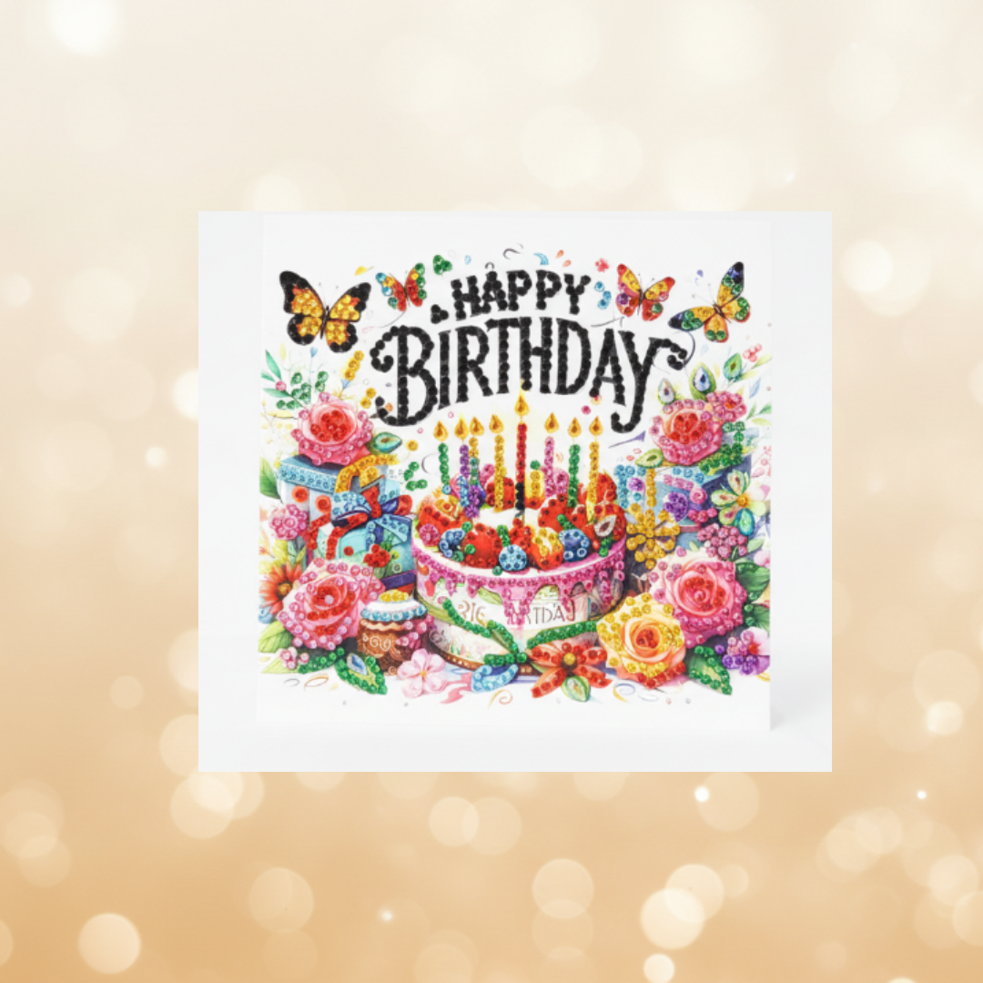 Happy Birthday Fruit Cake Handmade Completed Luxury 5D Sparkle Diamond Art Card