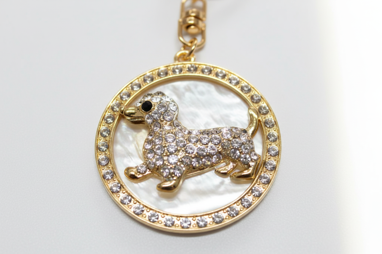 Dog In Circle Rhinestone Diamante Bag Charm Handbag Keychain Bling Gift Ladies