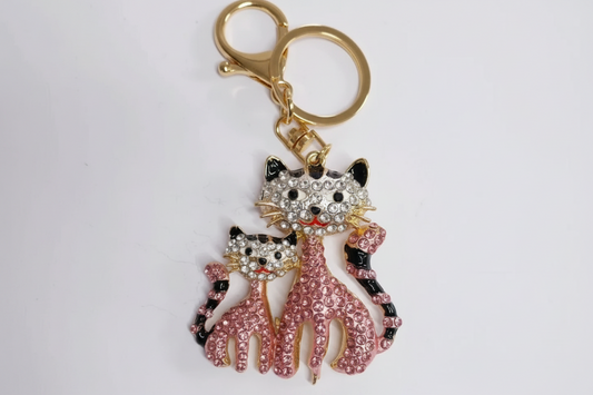 2 Pink Cats Rhinestone Diamante Bag Charm Handbag Keychain Bling Gift Ladies