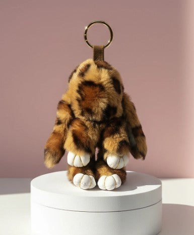 Fluffy Brown Leopard Print Bunny Rabbit Key Ring & Bag Charm