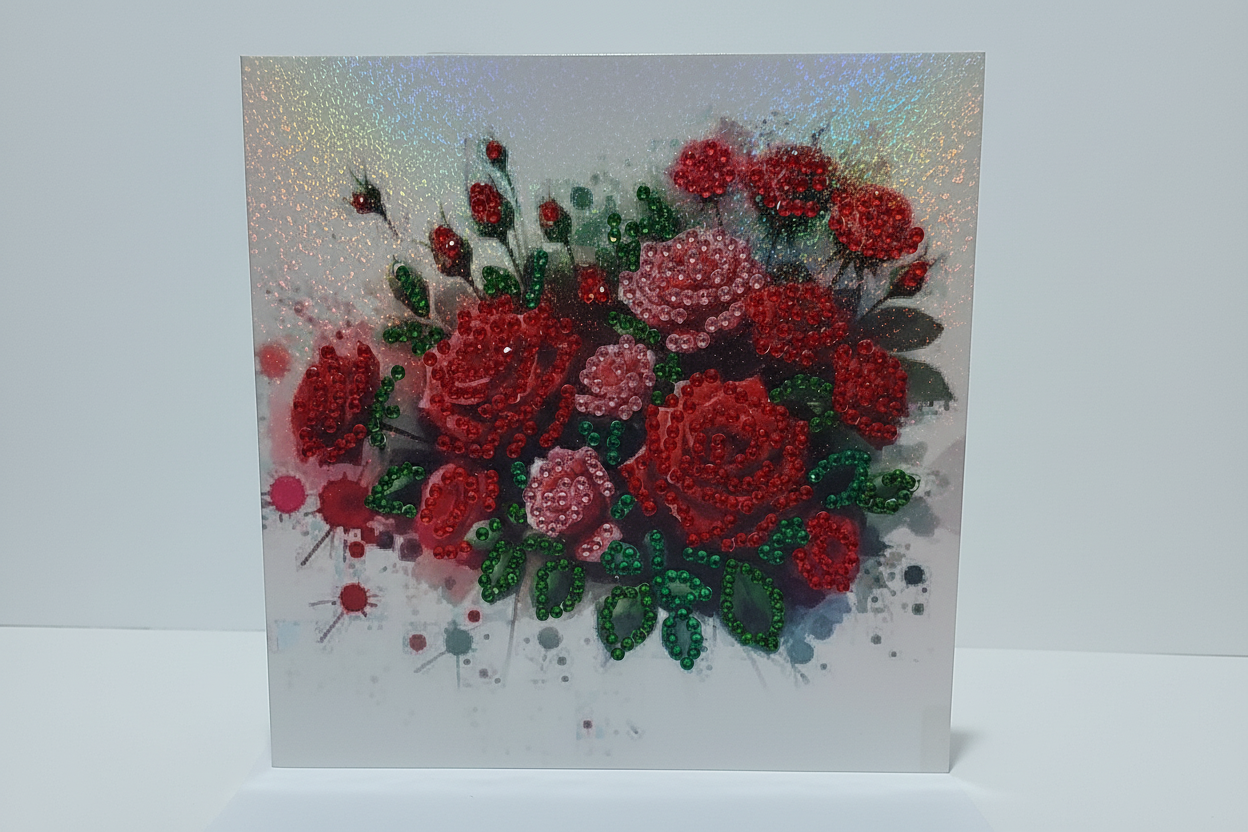 Bright Red Roses in a Heart Shape Diamond Art Card