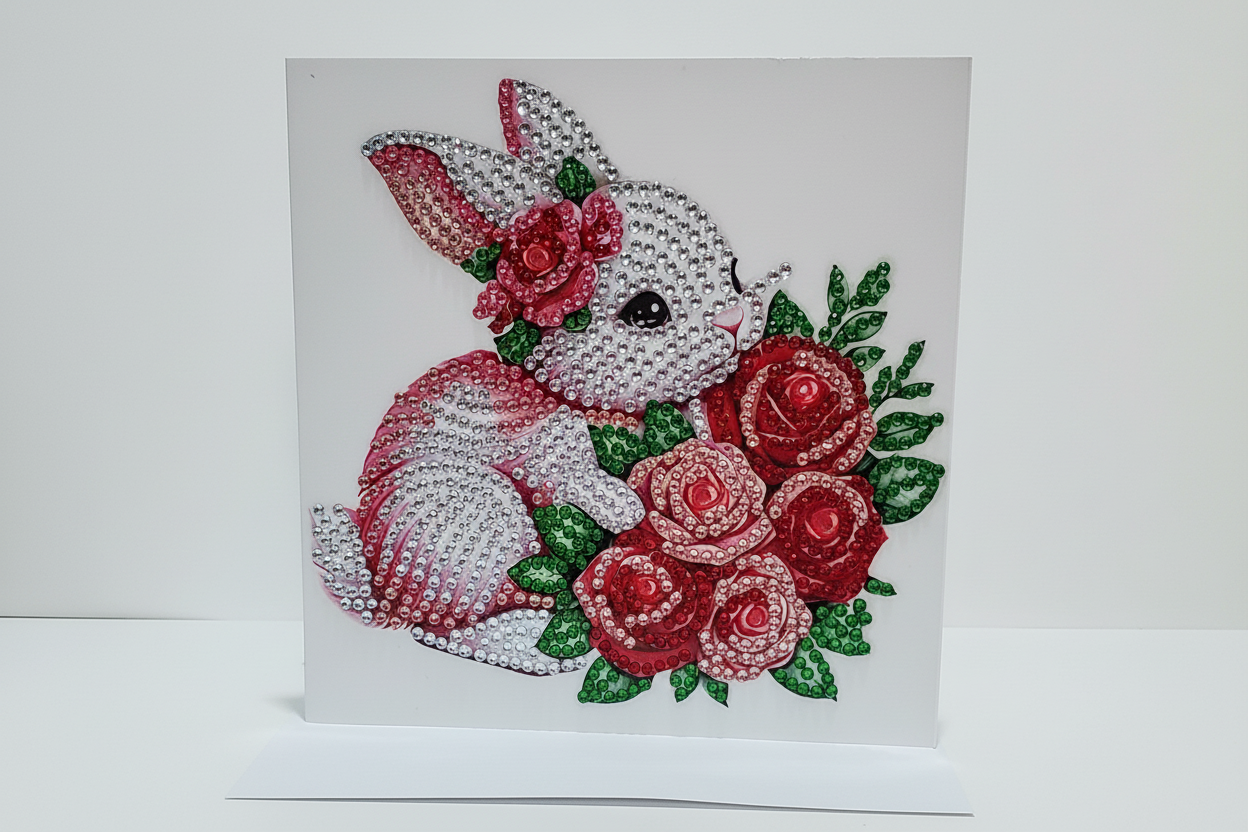 Bunny is holding Flowers Diamond Art Card