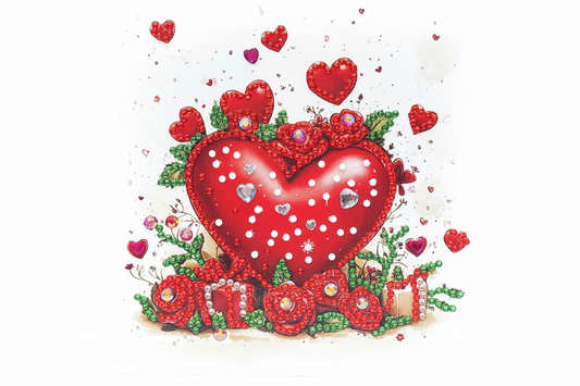 Big Red Heart with Red Roses around it Diamond Art Card