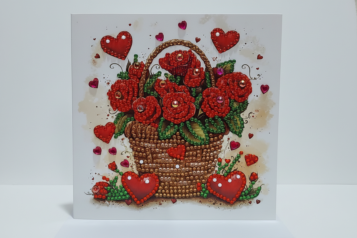 Red Roses in a Basket with Hearts Diamond Art Card