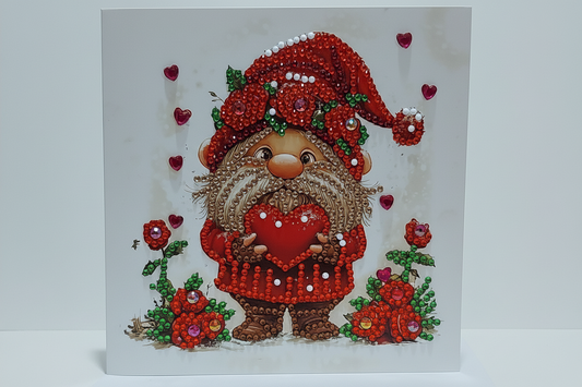 Red Hat Gnome holding a Red Heart Diamond Art Card