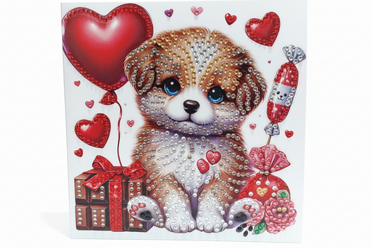 Cute Face Puppy with Gift Box and Heart Shape Balloon Diamond Art Card