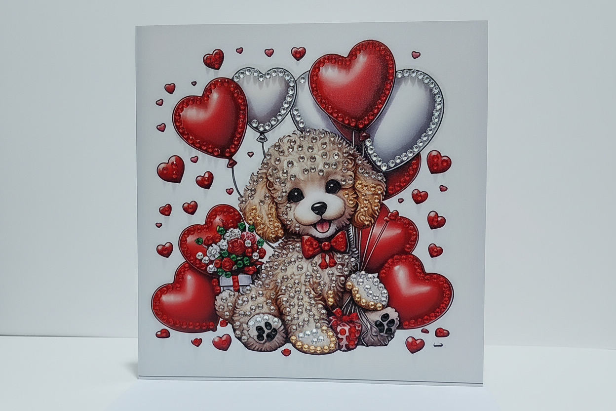 Long Earred Puppy with Heart Shaped Balloons Diamond Art card