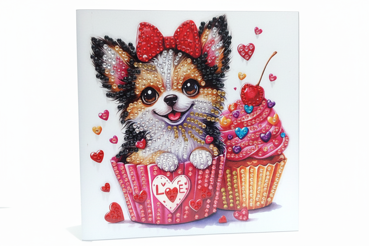 Small Dog with a Cupcake Diamond Art card