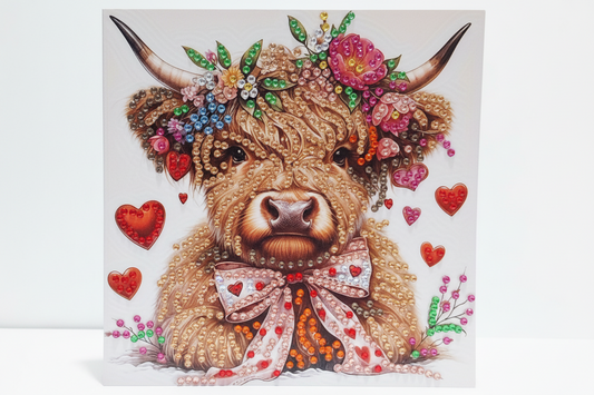 Highland Cow with Mini Hearts Bow Diamond Art Card