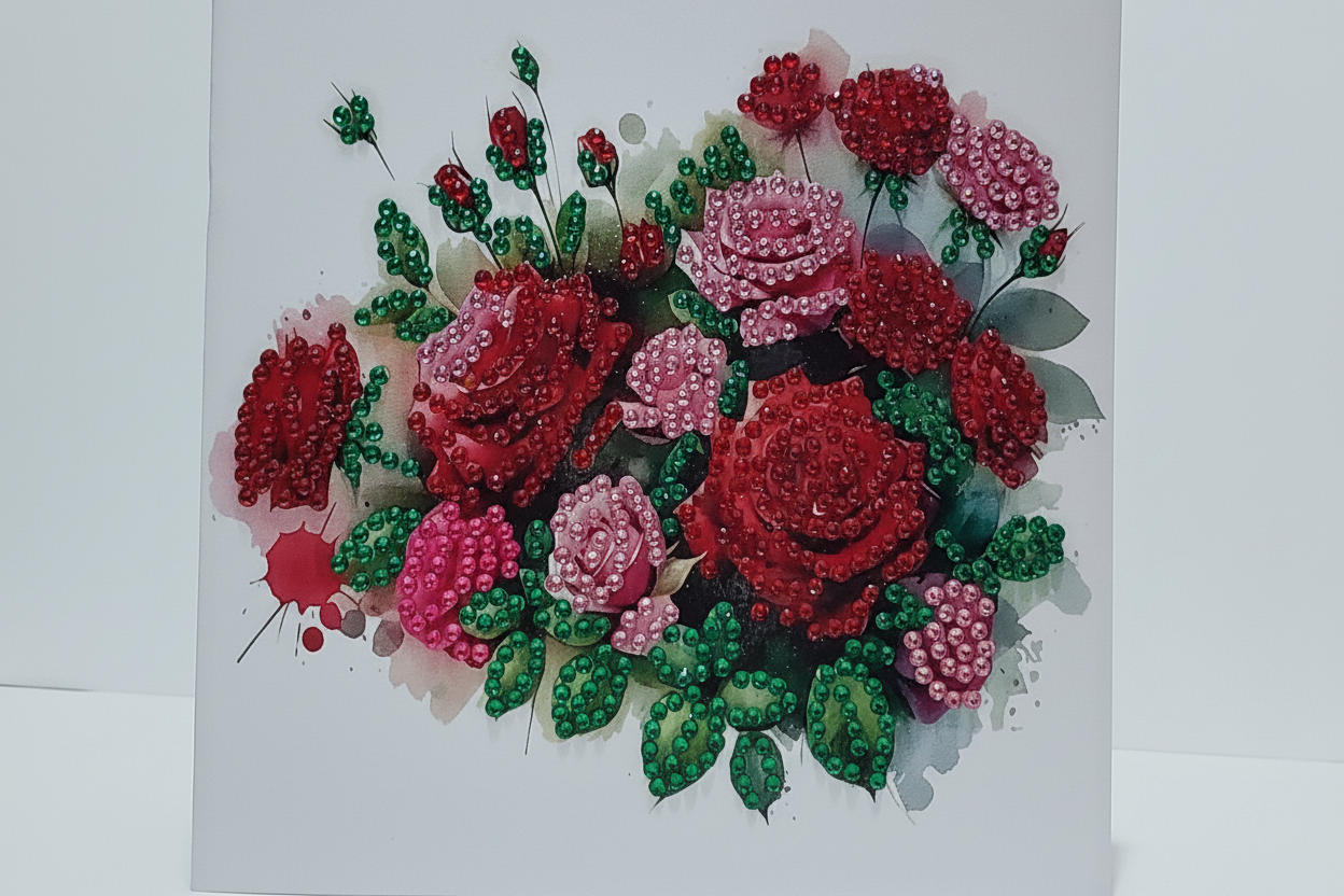 Dark Red Roses in a Heart Shape Diamond Art Card
