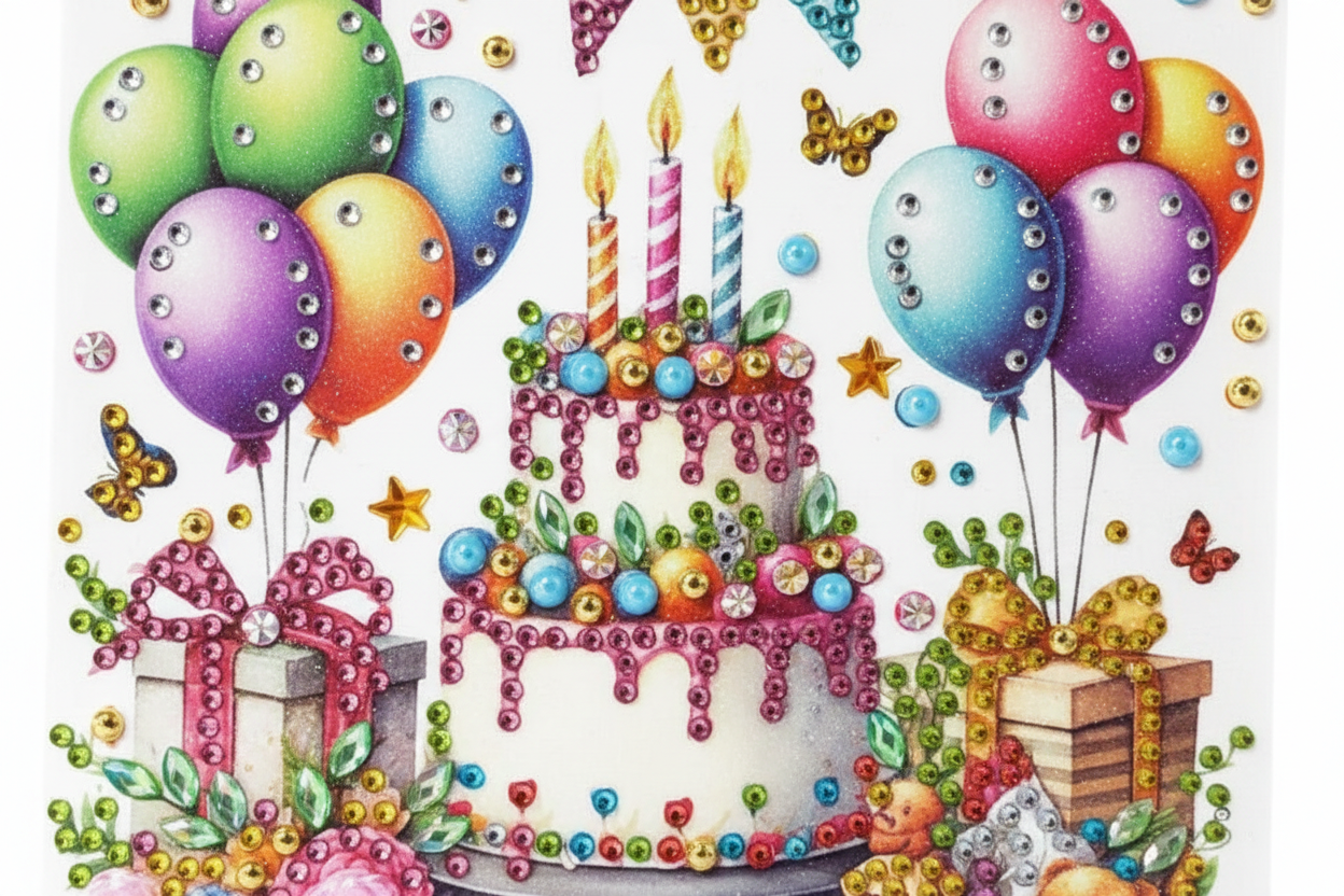 Happy Birthday 2 Tier Cake Handmade Completed 5D Luxury Sparkle Diamond Art Card