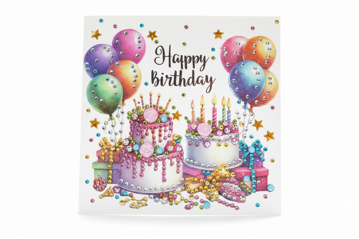 Happy Birthday Cakes & Balloons Handmade Completed 5D Sparkle Diamond Art Card