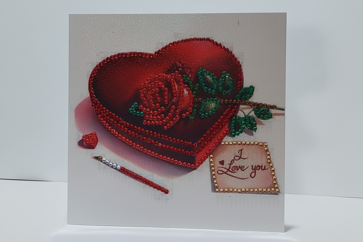 Bright Red Heart Shaped Box with a Red Rose Diamond Art Card