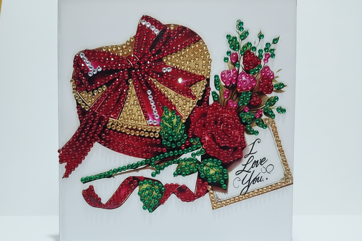Gold and Red Heart Shaped Box with a Red Rose Diamond Art Card