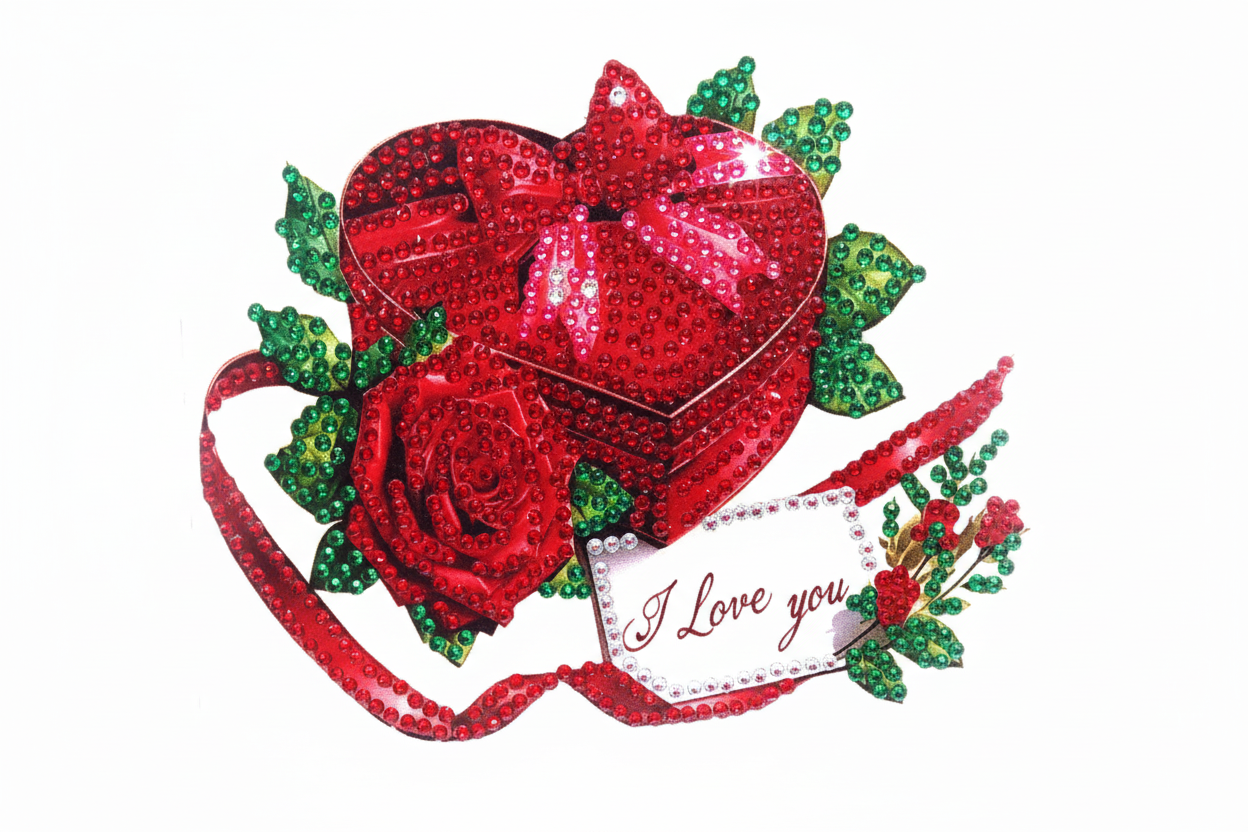 Red Rose next to a red bowed box Diamond Art Card