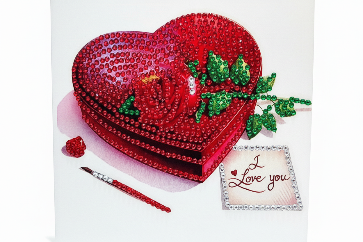 Red Rose on a Red Heart Shaped Box Diamond Art Card