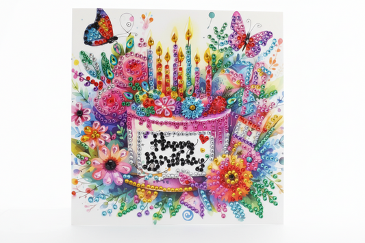 Happy Birthday Butterfly Cake Handmade Completed 5D Sparkle Diamond Art Card