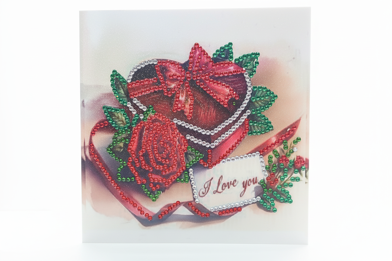 Heart Shaped Box with a red rose and an "I Love You" Tag Diamond Art Card