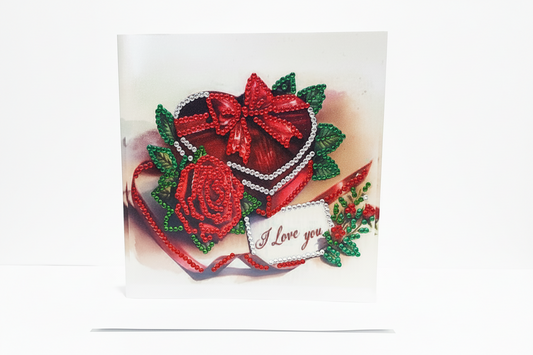 Heart Shaped Box with a red rose and an "I Love You" Tag Diamond Art Card