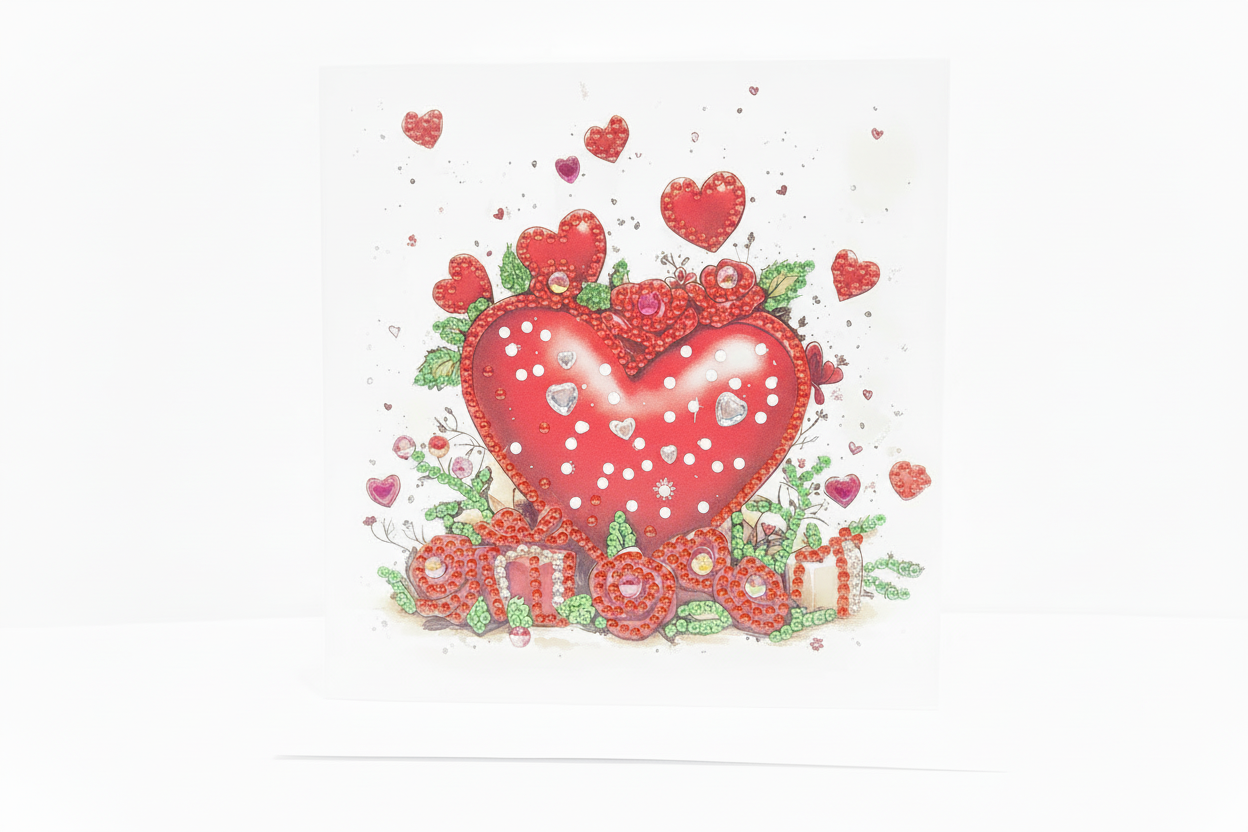 Big Red Heart with Red Roses around it Diamond Art Card