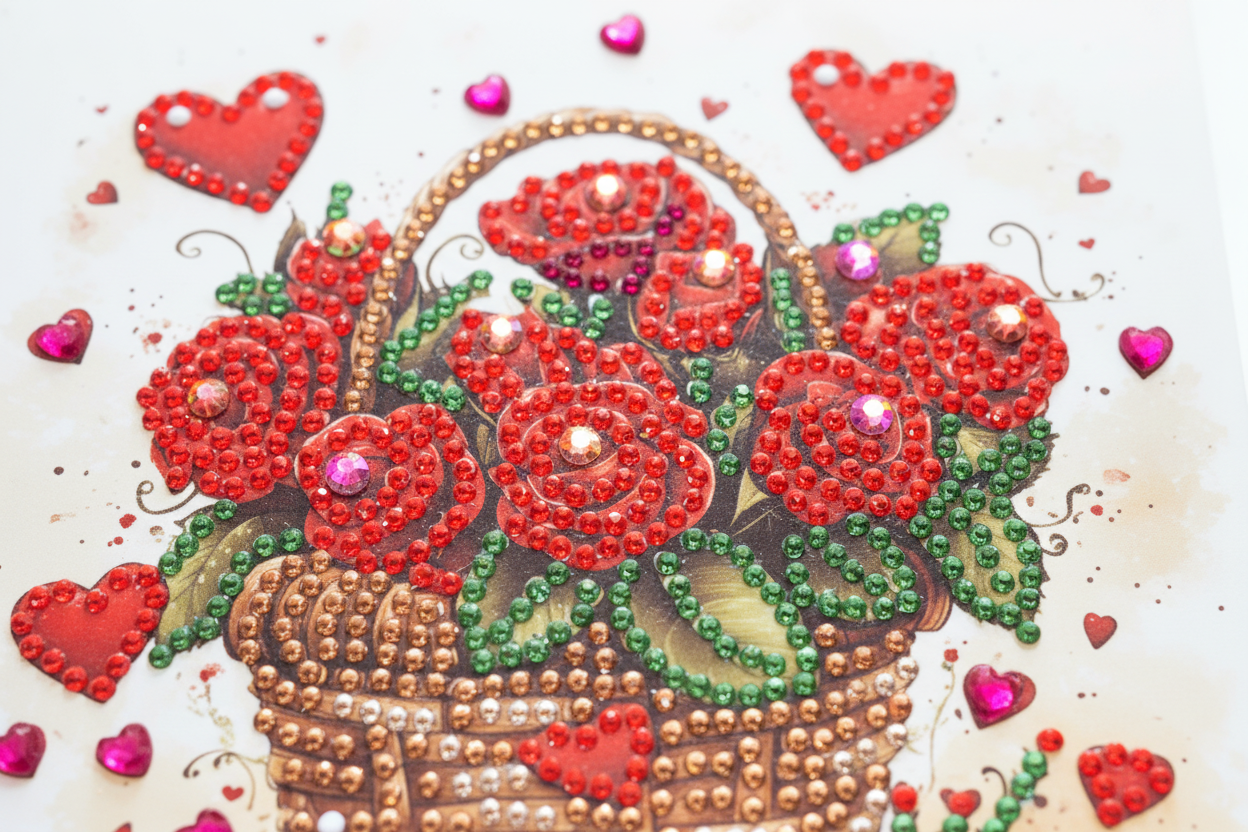 Red Roses in a Basket with Hearts Diamond Art Card