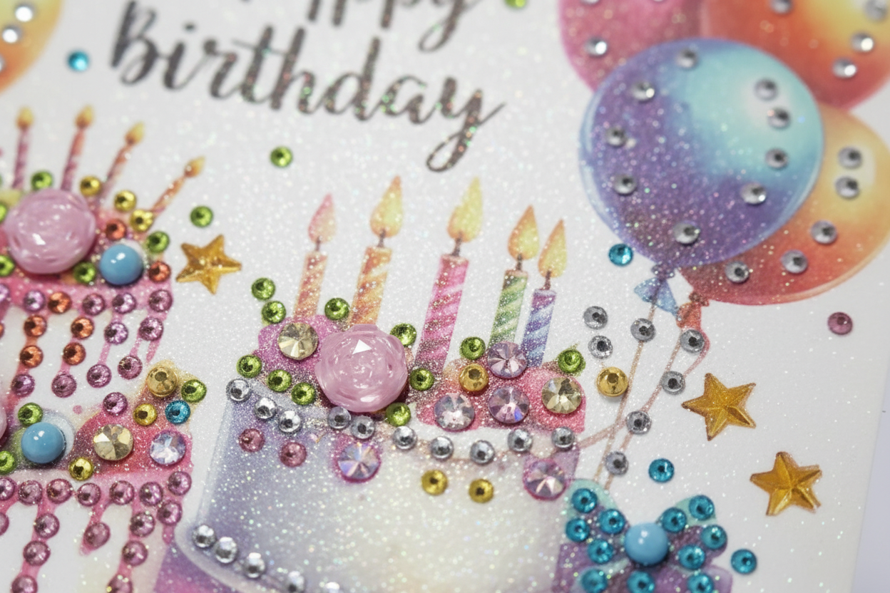 Happy Birthday Cakes & Balloons Handmade Completed 5D Sparkle Diamond Art Card