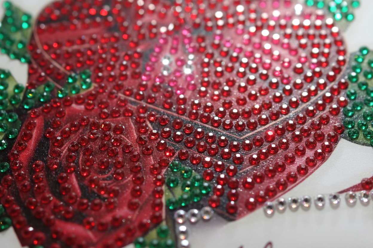 Red Rose next to a red bowed box Diamond Art Card