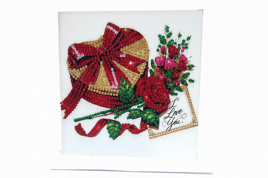 Gold and Red Heart Shaped Box with a Red Rose Diamond Art Card