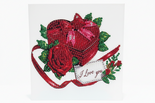 Red Rose next to a red bowed box Diamond Art Card