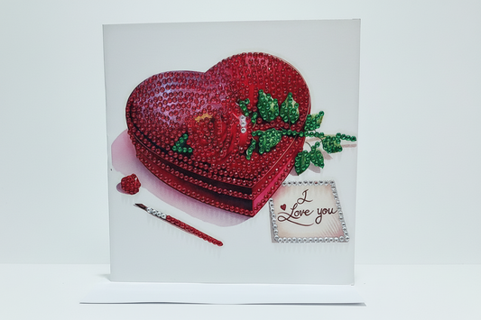 Red Rose on a Red Heart Shaped Box Diamond Art Card