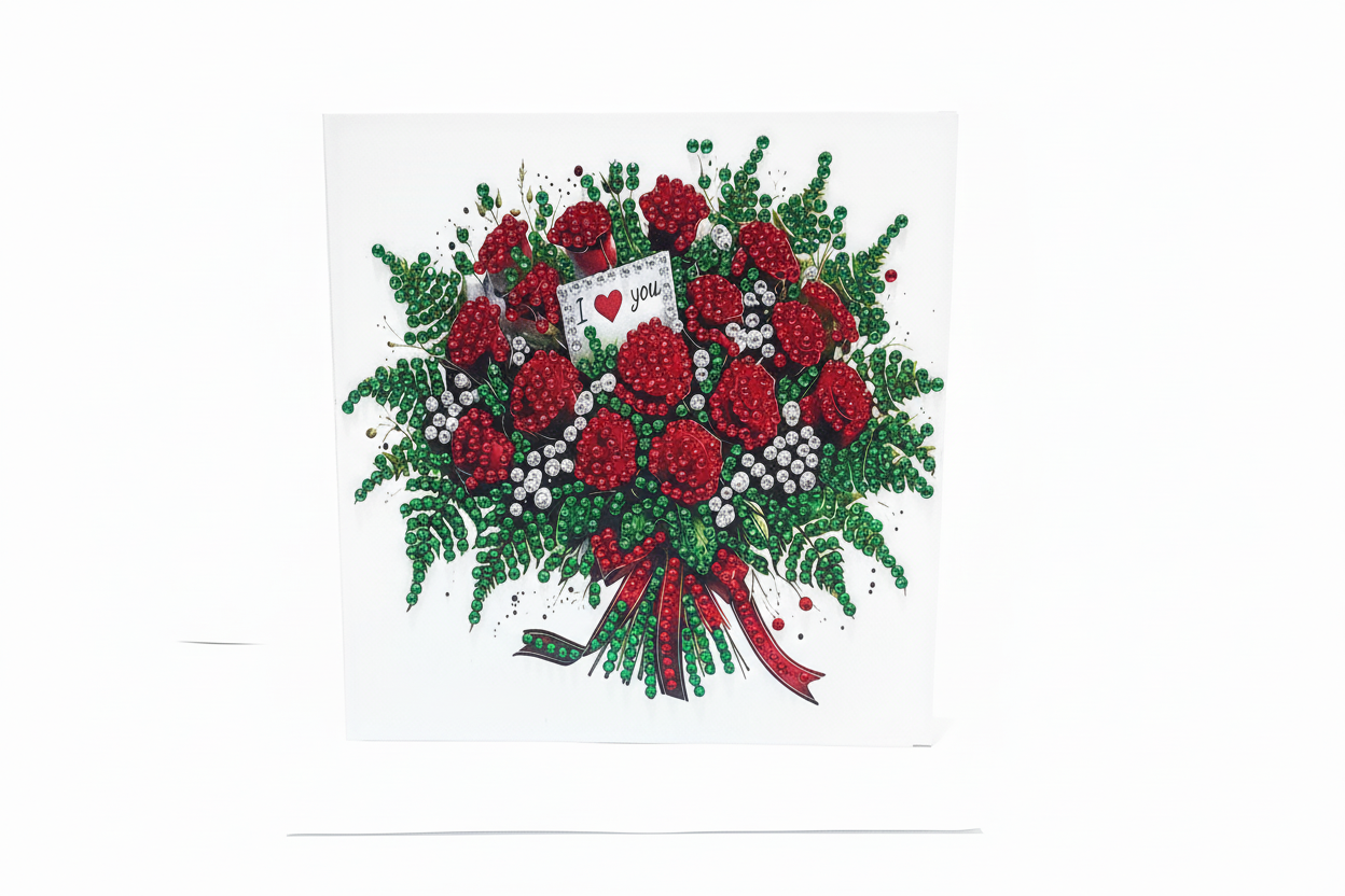 Bouquet of Deep Red Roses with Note Diamond Art Card
