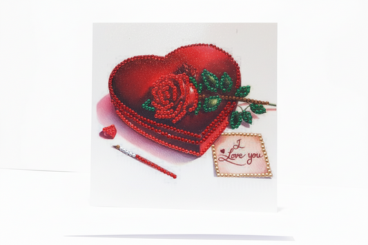 Bright Red Heart Shaped Box with a Red Rose Diamond Art Card