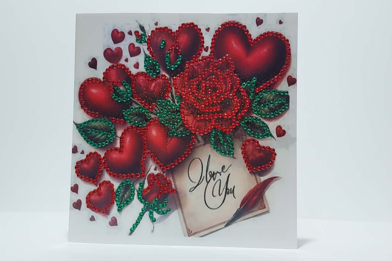 Hearts and Rose with "I love you" note Diamond Art Card